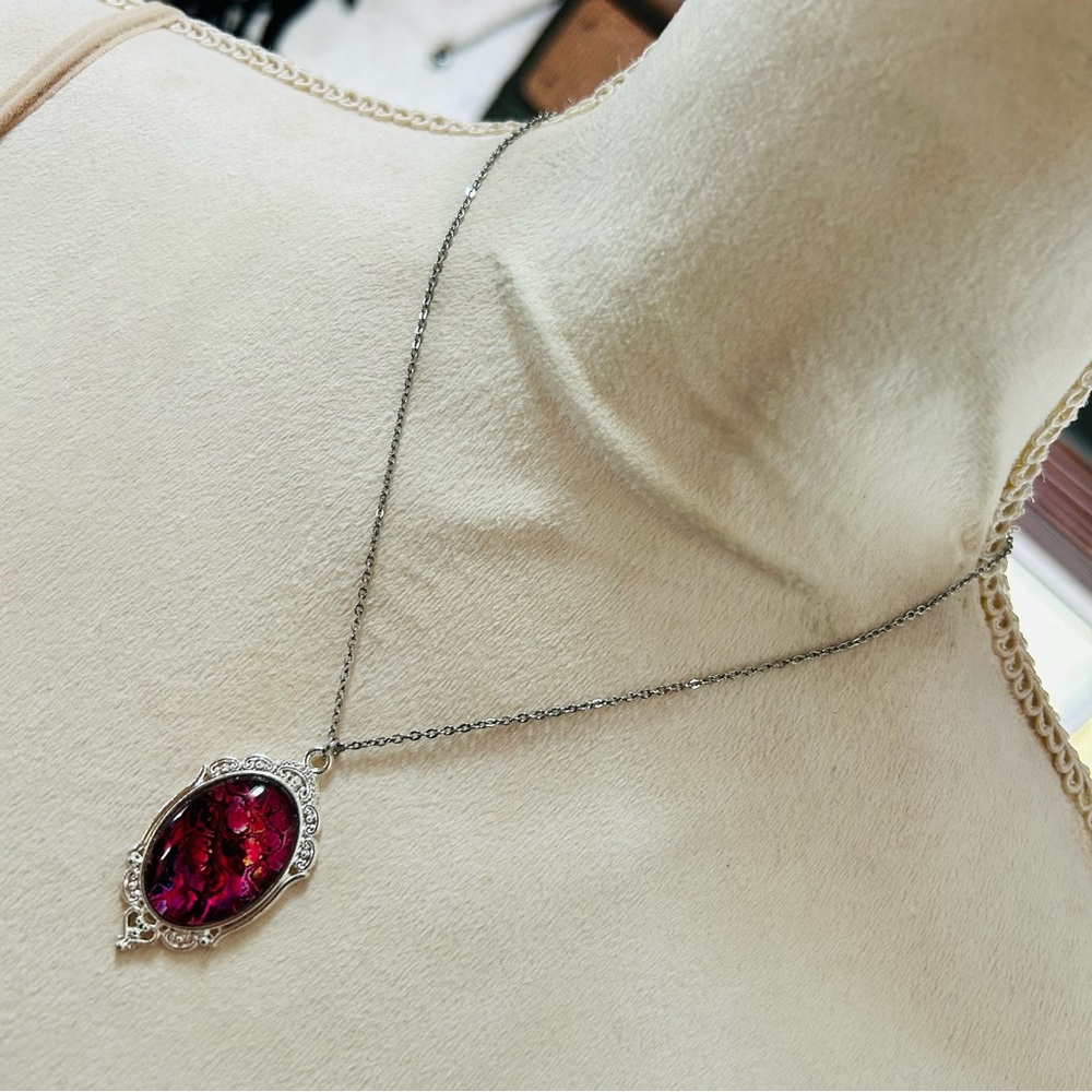 Handcrafted pink tones oval cabochon pendant on chain necklace